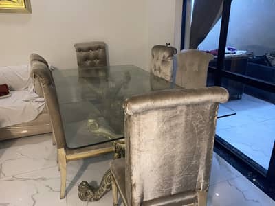 Luxury 6 Seater Dining Table – Thick Glass Top – Velvet Chairs