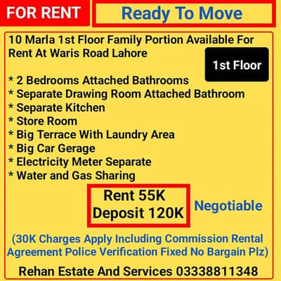10 Marla 1st Floor For Rent At Waris Road Lahore