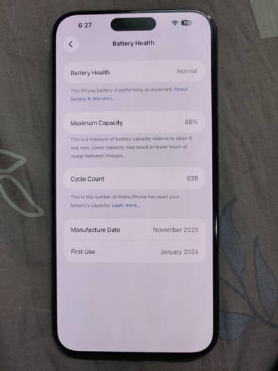 Iphone 15 pro max PTA Approved 256GB 88BH 628 cycles with complete box