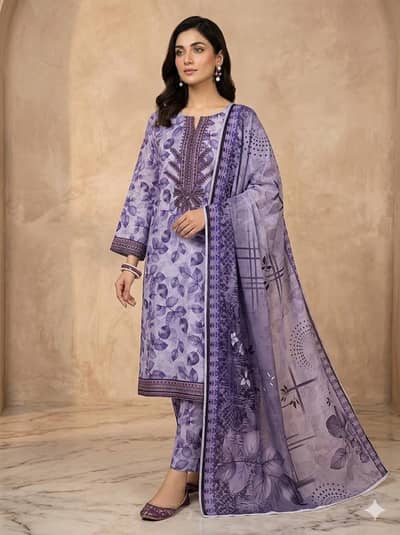 ladies 3 pc suit digital lawn print with embroidery