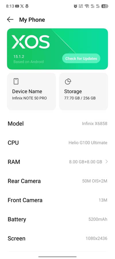 Infinix note 50  8+8 ram and rom 256 gb