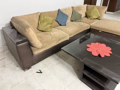 Seven seater L shaped sofa with table