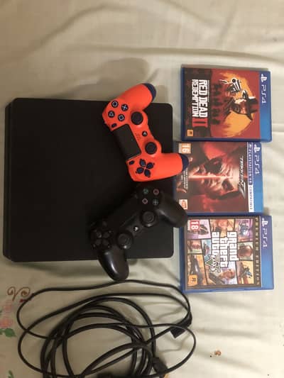 Ps4 sony slim addition 1 tb  2 controller with 4 cds