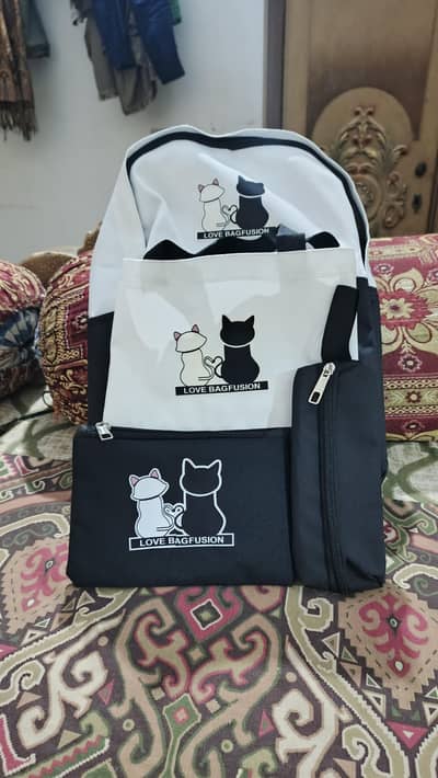 4 Piece Backpack Set Cute Cat Design - New Bag