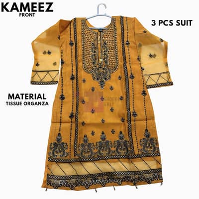 Premium 3-Piece Embroidered Tissue Organza Suit for Women - Mustard