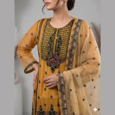 Premium 3-Piece Embroidered Tissue Organza Suit for Women - Mustard