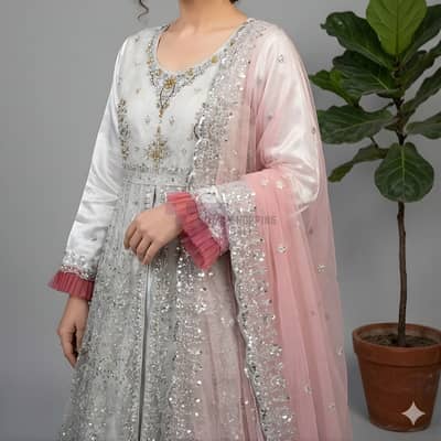 Premium 3-Piece Embroidered Tissue Organza Suit for Women Silver Pink