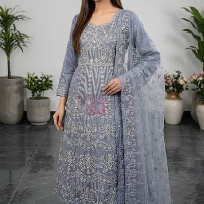 Luxury 3-Piece Embroidered Net Maxi for Women - Lavender Purple