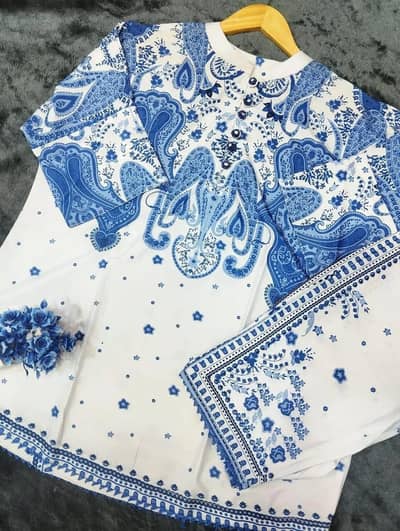 Blue Printed Swiss Lawn 2Pcs Women Shirt & Trouser Set
