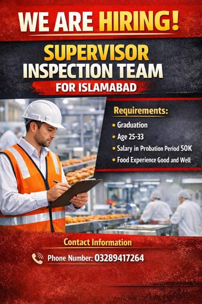 Hiring: Supervisor – Inspection Team | Islamabad | 50K Salary
