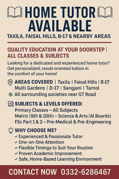Home Tutor Taxila | Faisal Hills | B-17 | D-17 | E-16 |Sangjani | G-15