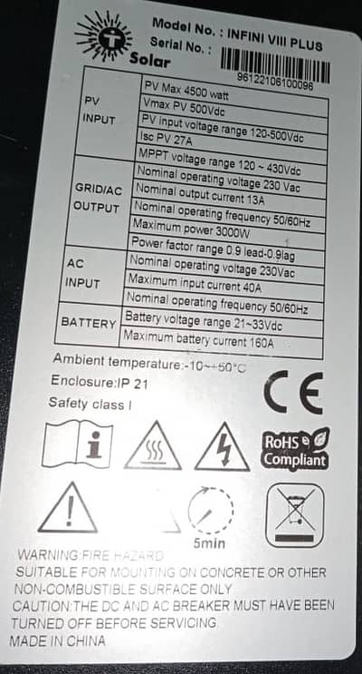 Tesla Hybrid Inverter 3kW (4500W PV) with MPPT Excellent Condition