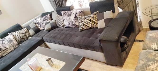 L shaped sofa with pure wooden Tali table for sale