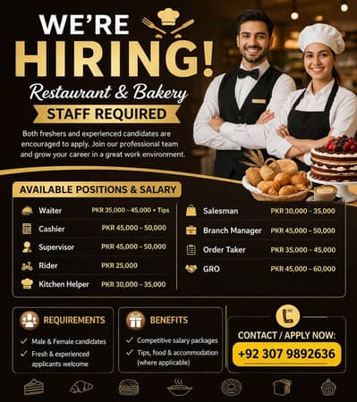 Hiring staff_restaurent and bakery staff ( male and female hiring)
