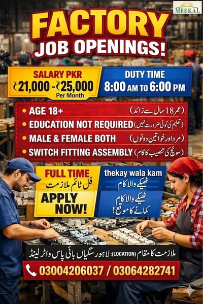 Factory job available full time or thekay wala kam