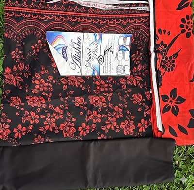 3 Piece Lawn Suit (Black & Red Floral) – Brand New Unstitched