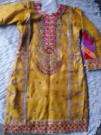 Mustured Embroidered 3 piece Dress(Shirt+Garara+Dupatta)