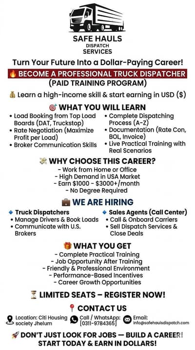 Truck Dispatcher & Sales Agents | Paid Training & Hiring | Jhelum