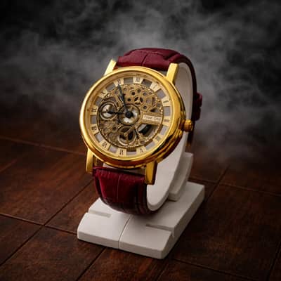 Skeleton Dial Men Watch with Gold Case and Brown Leather Strap