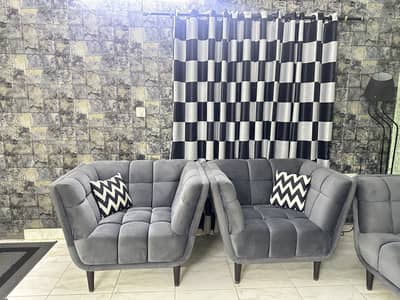 7 seater sofa 7 cushions with a set of curtains