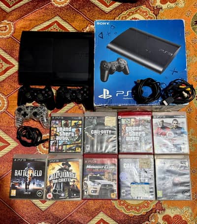 PS3 Super Slim in brand new cond with box and all acc+2 contrlr+9 game