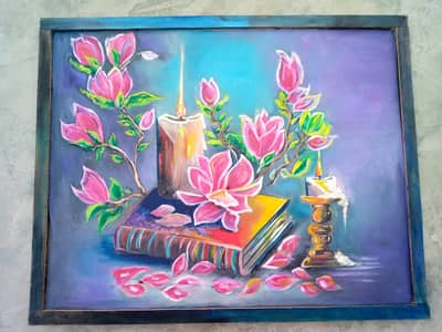 Handmade Still Life Painting – Candle & Magnolia Flowers