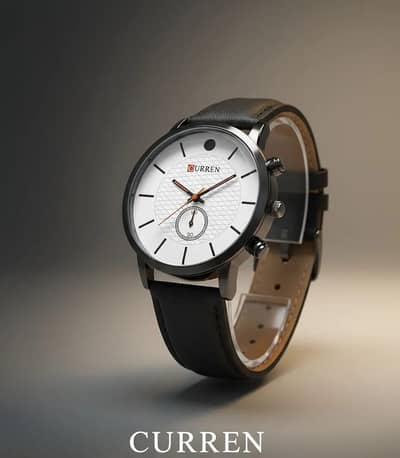 Mens Leather Strap Chronograph Watch Black