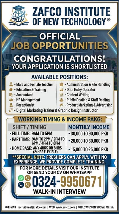 Fresh staff required in Lahore Male + Female both can apply