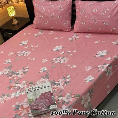 3 Pcs Pure Cotton Printed Double Bedsheet