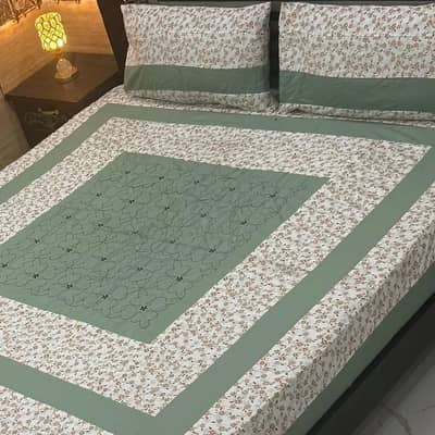 Stylish 3 Pcs Cotton Sotton Embroidered Patchwork Double Bedsheet