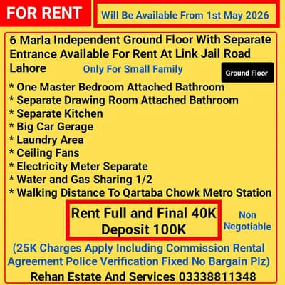 6Marla Independent Ground Floor For Rent At Link Jail Road Lahore