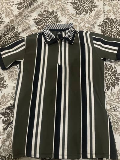 Olive Green Vertical Stripe Zip Shirt