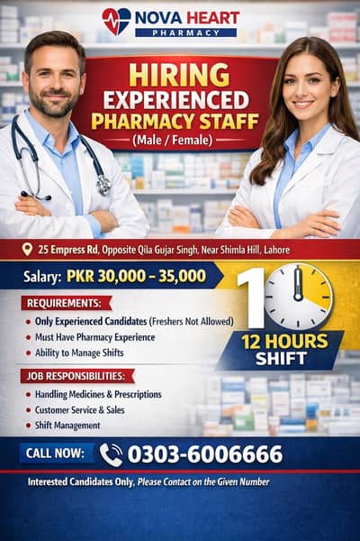 Hiring Experienced Pharmacy Staff (Male/Female) –