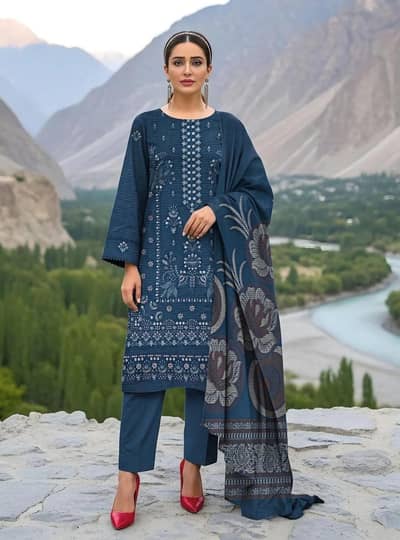 Blue Embroidered  3 pcs suit set