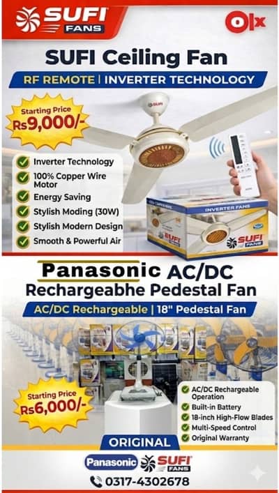 SUFI Ceiling Fan 30W, 220W RF Remote Inverter Technology Energy Saving