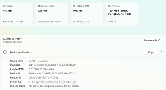 hp  laptop i5 12 generation 8 512