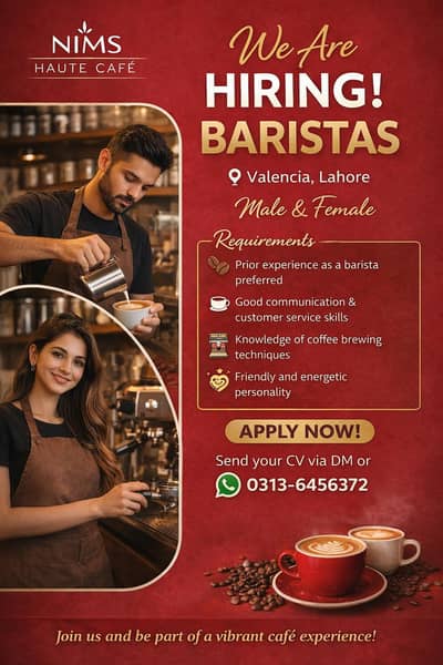 “Baristas Required – Male & Female”