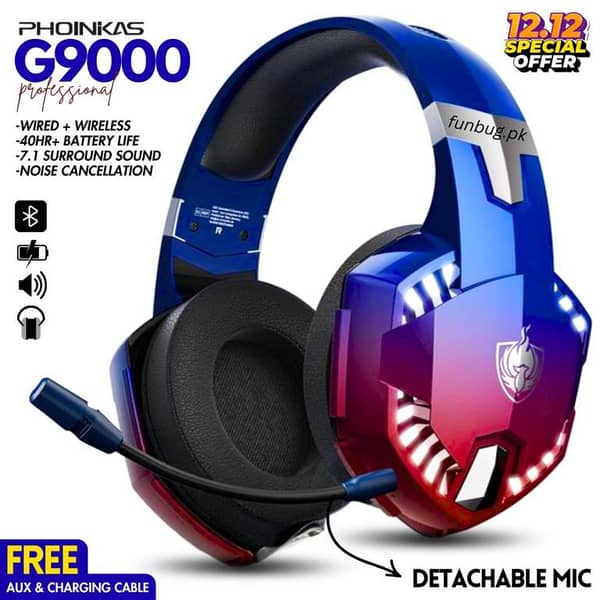 Phoinikas G9000 Noise Cancelling Wireless Bluetooth Gaming Headphones, Surround-Sound 7.1 Stereo HIFI Bass RGB Wired Headset Earphones for PS4, PS5, PC, Laptop, Xbox One, Nintendo Switch, Android Mobile, iPhone, Gym with Detachable Microphone by FunBug
