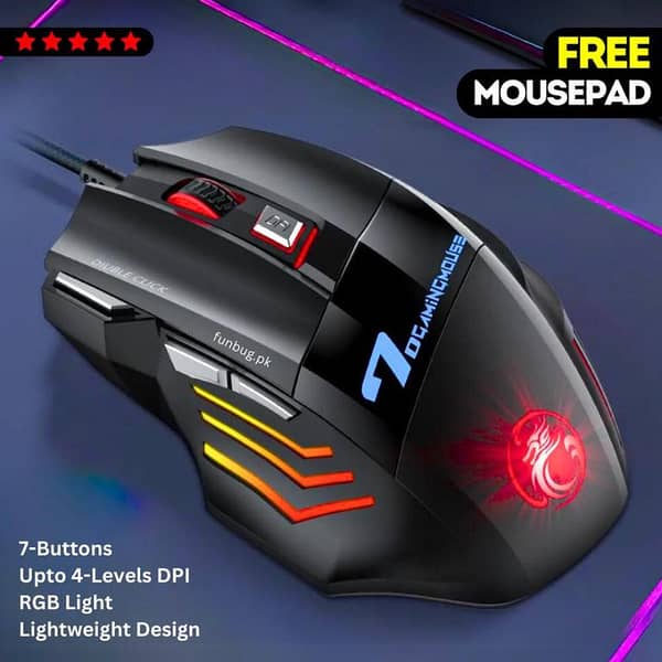 FunBug 7 Buttons Sports Mechanical Wired Gaming Mouse RGB with 4-Levels DPI Control - 7 Light Wired USB Optical Mouse with Side Buttons - Mouse with Pad for PC, Laptop, Computer, Gaming, Pubg Mobile