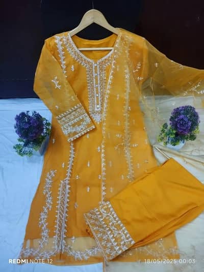 mustard organza Embroidered 3 pieces suit women