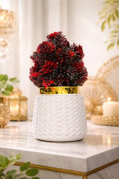Red Pinecone Decor – Gold & White Ceramic Vase