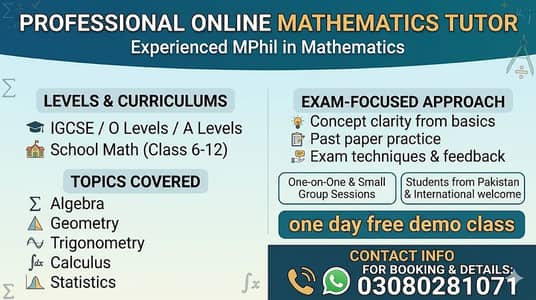 Online Mathematics Tutor| O Levels| A Levels| Class 6 - 12| IGCSE