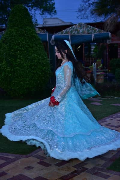 Full-Flairy Sea Green Wedding Maxi | Sheesha Work, Embroidered Dupatt