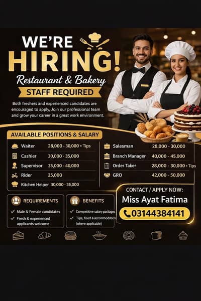 Hiring staff restaurant and bakery staff male and female hiring