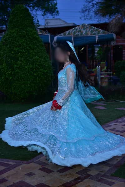 Full-Flairy Sea Green Wedding Maxi | Sheesha Work, Embroidered Dupatt