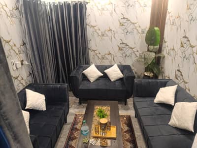 Sofa set 7 seaters 2+2+3 with centre table and curtains