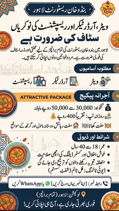 Restaurant & backery staff required male job  cashier receptionist job