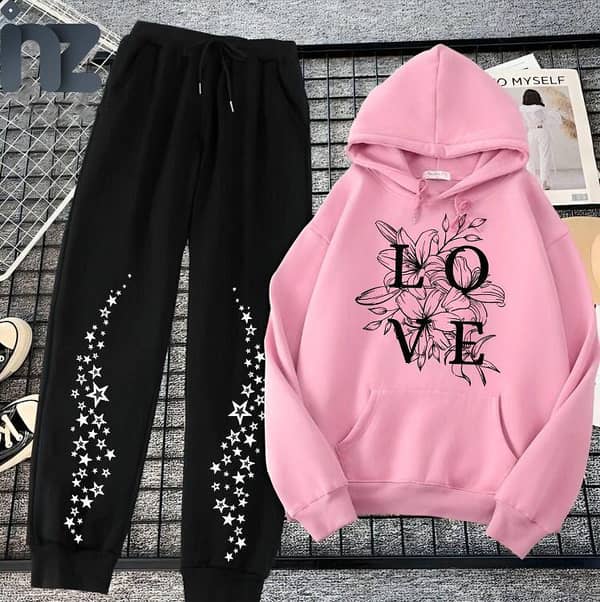 Women’s Oversized Meow Print Hoodies and Trousers Set for Girls - Fleece Sweatshirts and Pants Tracksuits for Winter Comfort