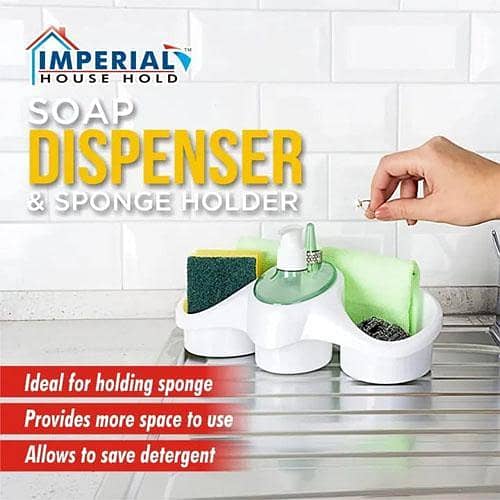 3-in-1 Plastic Dish Soap Dispenser with Sponge Holder For Kitchen Sink Bathroom Counter Storage And Organization Hand Soap Dispenser Pump Bottle Caddy Organizer