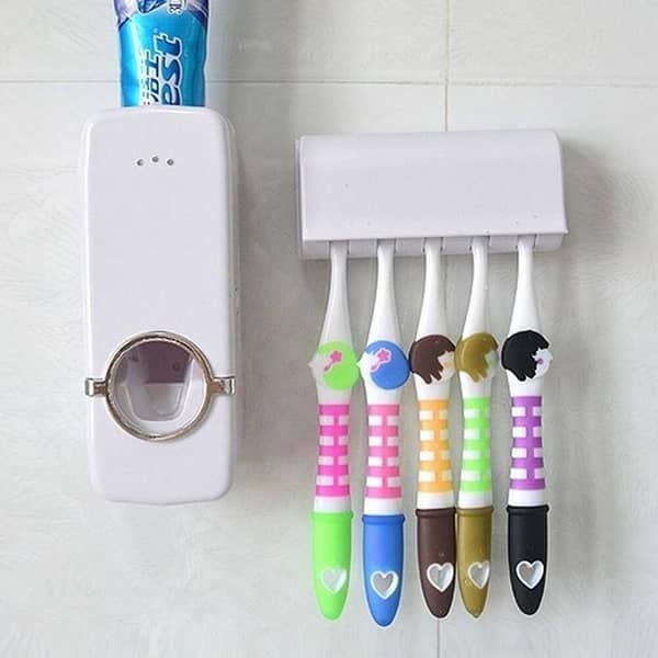 Automatic Plastic Toothpaste Dispenser with 5 Toothbrush Holder Set - Hands-Free Wall Mount Toothpaste Squeezer - Waterproof Bathroom Shelves Organizer - Punch-Free Self-Adhesive Toothbrush Stand - Dust-Proof Bathroom Accessories Kit